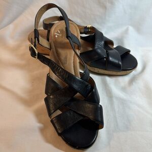 Clark’s black leather cork wedge heeled sandals. 9m.